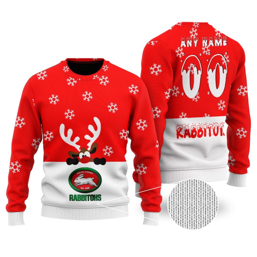 NRL South Sydney Rabbitohs Christmas | Custom Name & Number | Hoodie/Zip/T-Shirt/Knitted Sweaters/Polo