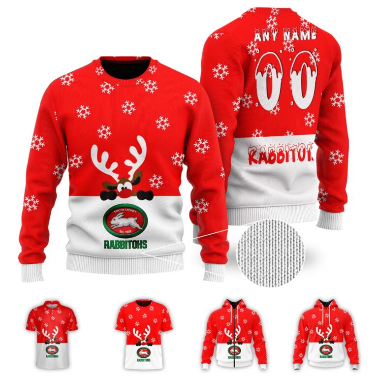 NRL South Sydney Rabbitohs Christmas | Custom Name & Number | Hoodie/Zip/T-Shirt/Knitted Sweaters/Polo