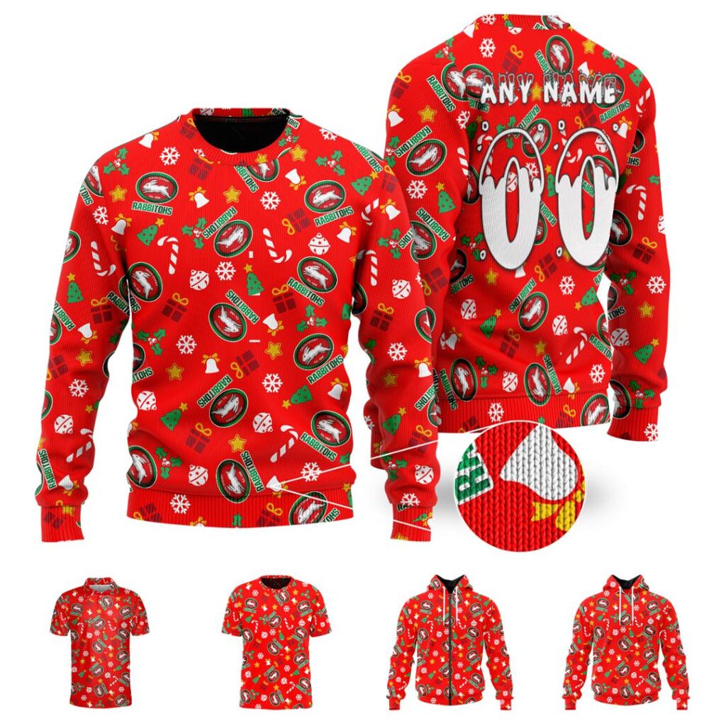 NRL South Sydney Rabbitohs Christmas | Custom Name & Number | Hoodie/Zip/T-Shirt/Knitted Sweaters/Polo