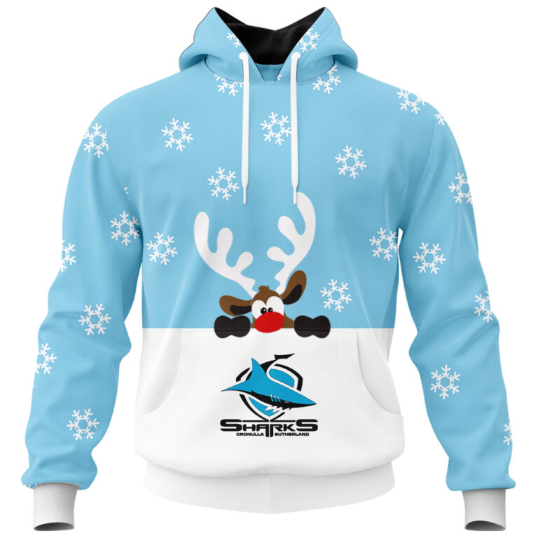 NRL Cronulla Sutherland Sharks Christmas | Custom Name & Number | Hoodie/Zip/T-Shirt/Knitted Sweaters/Polo