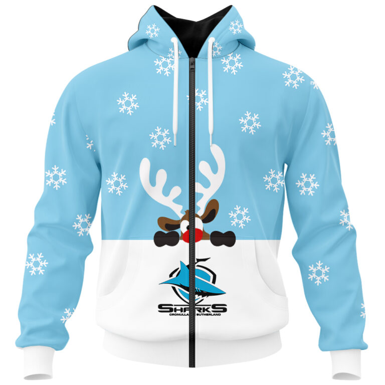 NRL Cronulla Sutherland Sharks Christmas | Custom Name & Number | Hoodie/Zip/T-Shirt/Knitted Sweaters/Polo