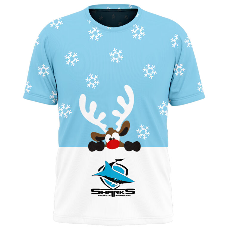 NRL Cronulla Sutherland Sharks Christmas | Custom Name & Number | Hoodie/Zip/T-Shirt/Knitted Sweaters/Polo