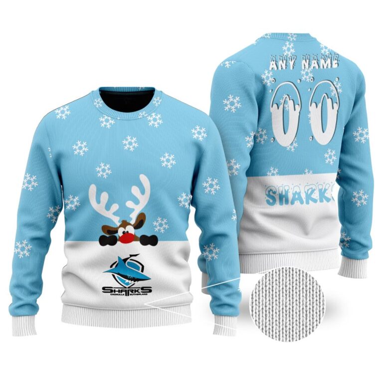 NRL Cronulla Sutherland Sharks Christmas | Custom Name & Number | Hoodie/Zip/T-Shirt/Knitted Sweaters/Polo