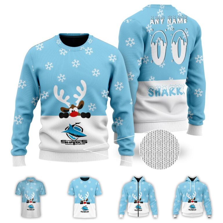 NRL Cronulla Sutherland Sharks Christmas | Custom Name & Number | Hoodie/Zip/T-Shirt/Knitted Sweaters/Polo