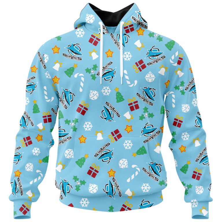 NRL Cronulla Sutherland Sharks Christmas | Custom Name & Number | Hoodie/Zip/T-Shirt/Knitted Sweaters/Polo