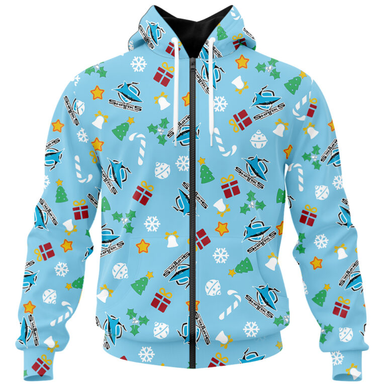 NRL Cronulla Sutherland Sharks Christmas | Custom Name & Number | Hoodie/Zip/T-Shirt/Knitted Sweaters/Polo
