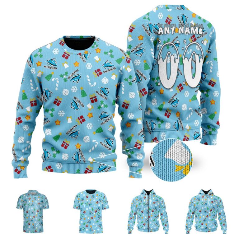 NRL Cronulla Sutherland Sharks Christmas | Custom Name & Number | Hoodie/Zip/T-Shirt/Knitted Sweaters/Polo