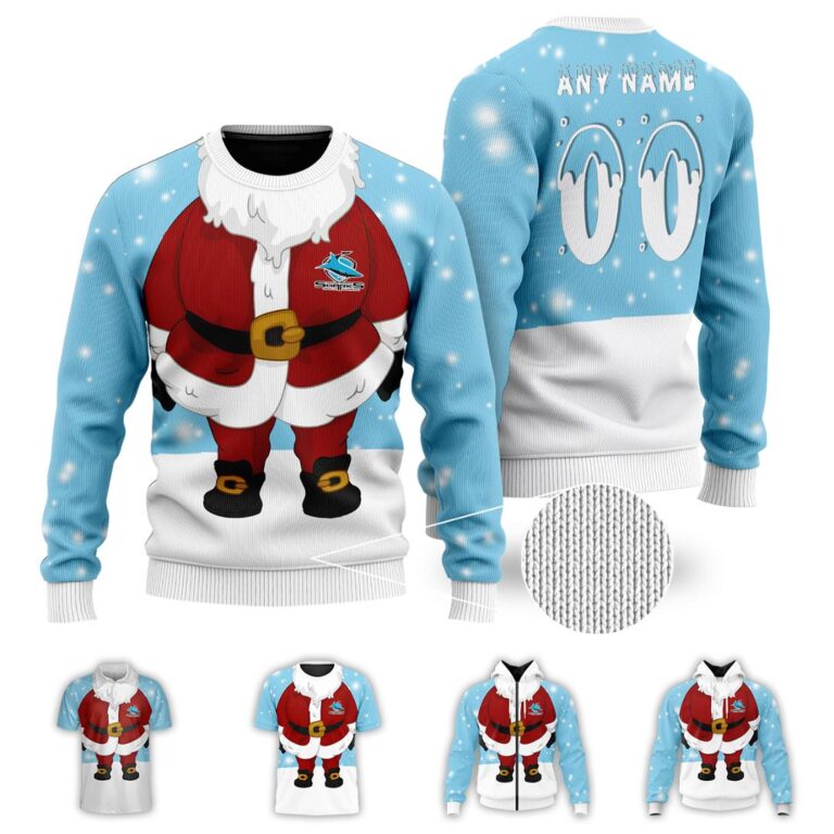 NRL Cronulla Sutherland Sharks Christmas | Custom Name & Number | Hoodie/Zip/T-Shirt/Knitted Sweaters/Polo