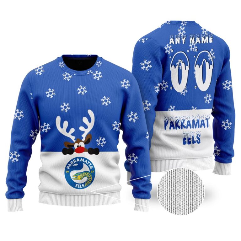 NRL Parramatta Eels Christmas | Custom Name & Number | Hoodie/Zip/T-Shirt/Knitted Sweaters/Polo