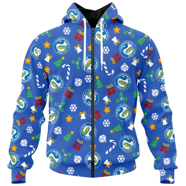 NRL Parramatta Eels Christmas | Custom Name & Number | Hoodie/Zip/T-Shirt/Knitted Sweaters/Polo