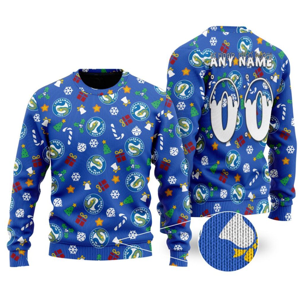 NRL Parramatta Eels Christmas | Custom Name & Number | Hoodie/Zip/T-Shirt/Knitted Sweaters/Polo