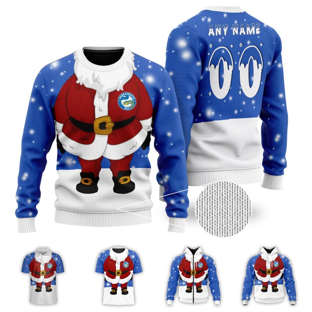 NRL Parramatta Eels Christmas | Custom Name & Number | Hoodie/Zip/T-Shirt/Knitted Sweaters/Polo