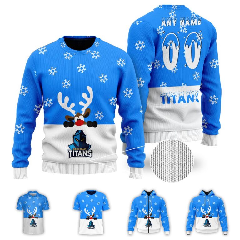 NRL Gold Coast Titans Christmas | Custom Name & Number | Hoodie/Zip/T-Shirt/Knitted Sweaters/Polo