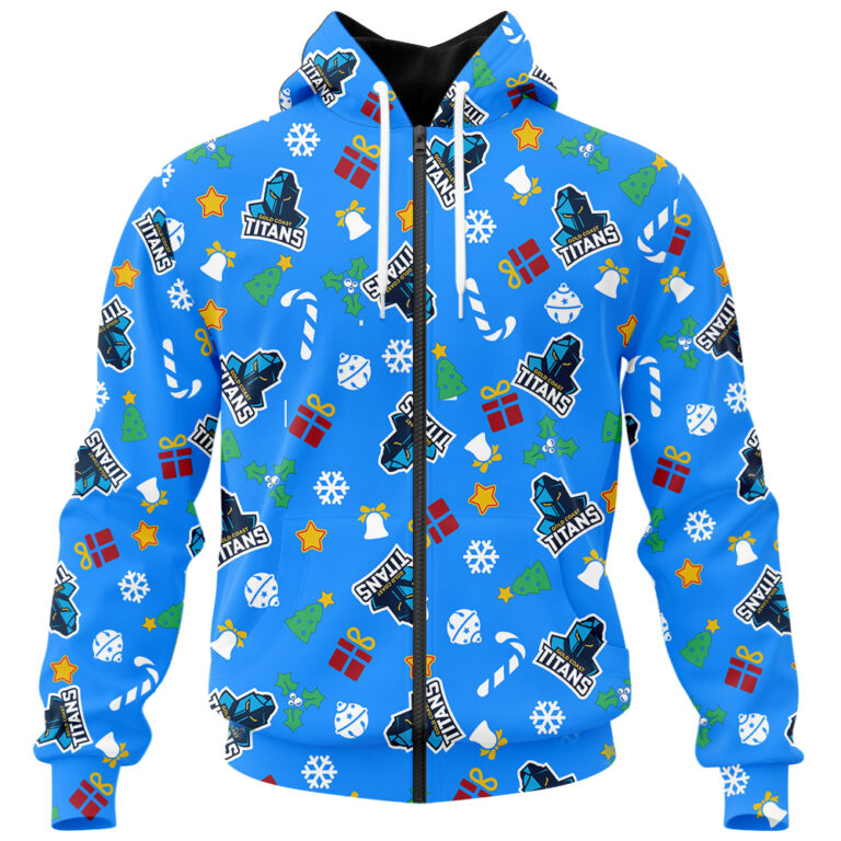 NRL Gold Coast Titans Christmas | Custom Name & Number | Hoodie/Zip/T-Shirt/Knitted Sweaters/Polo