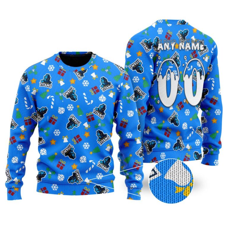 NRL Gold Coast Titans Christmas | Custom Name & Number | Hoodie/Zip/T-Shirt/Knitted Sweaters/Polo