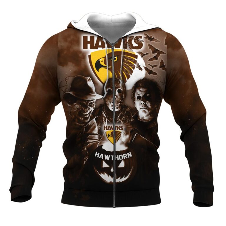 AFL Hawthorn Hawks Halloween Adult Kid Zip Hoodie T Shirt Long Sleeve Hawaiian
