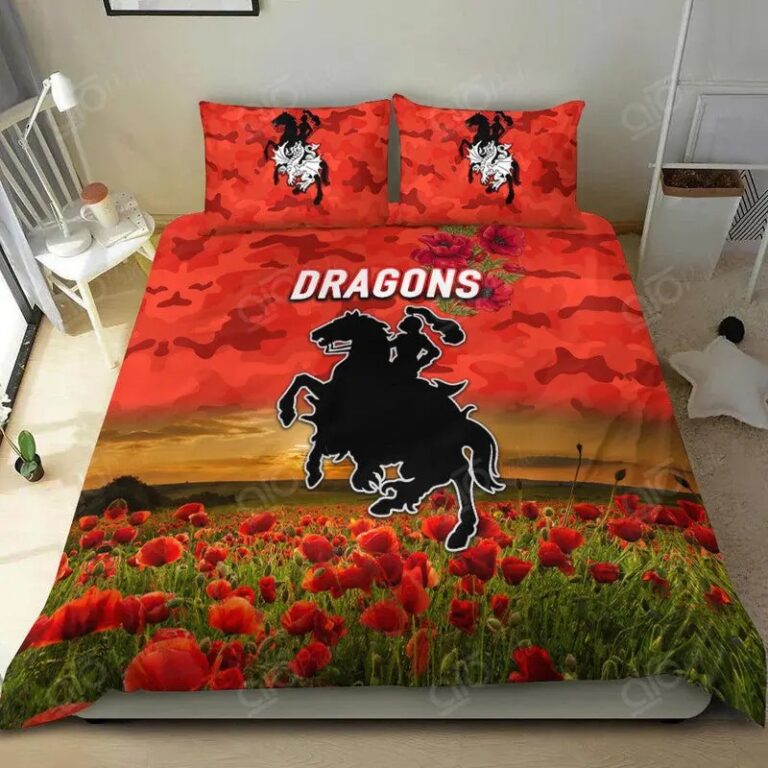 NRL St George Illawarra Dragons . ANZAC Poppy Flowers – Red Bedding Duvet Cover + 1|2 Pillow Cases
