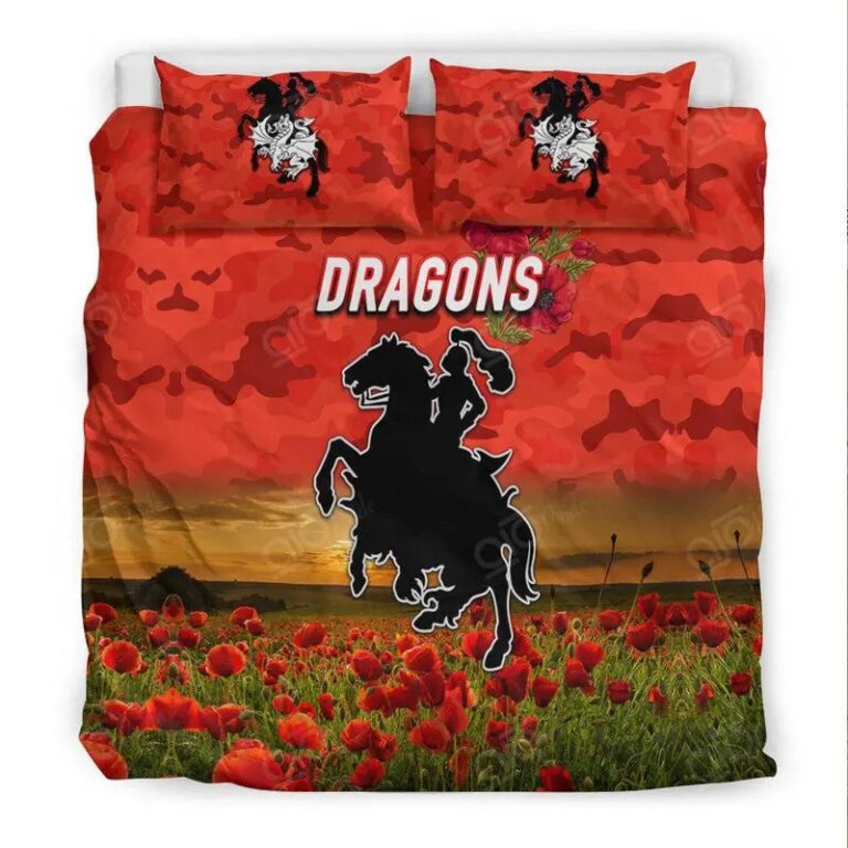 NRL St George Illawarra Dragons . ANZAC Poppy Flowers – Red Bedding Duvet Cover + 1|2 Pillow Cases