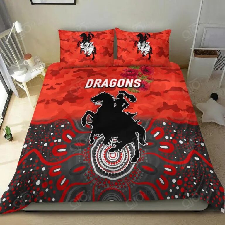 NRL St George Illawarra Dragons . ANZAC Indigenous – Red Bedding Duvet Cover + 1|2 Pillow Cases