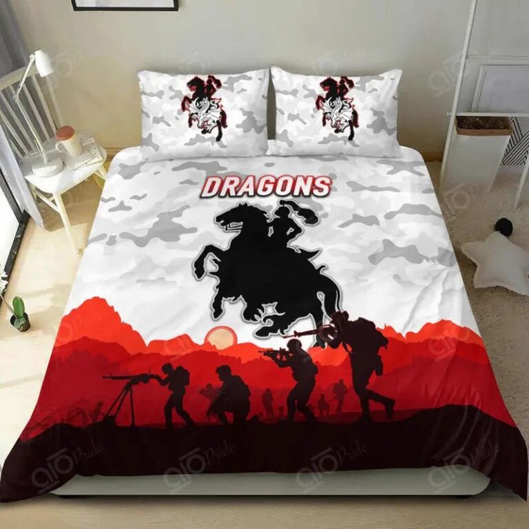 NRL St George Illawarra Dragons . ANZAC Simple yle – White Bedding Duvet Cover + 1|2 Pillow Cases