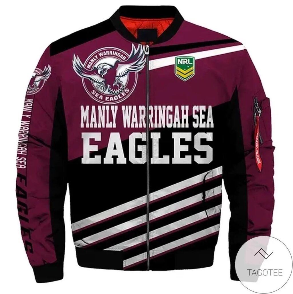 NRL Manly Warringah Sea Eagles Maroon Black Bomber Jacket