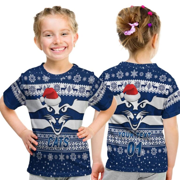 AFL Geelong Cats Custom Name Number Christmas Style Kids T-Shirt