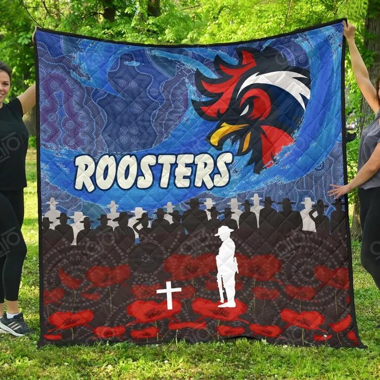 NRL Sydney Roosters Anzac Day Poppy Flower Aboriginal Quilt Blanket