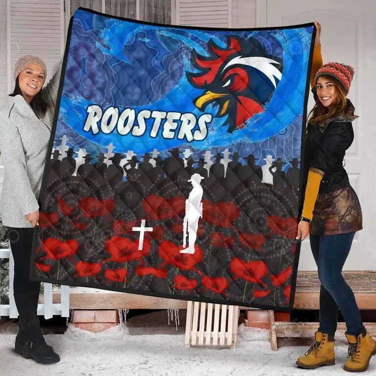 NRL Sydney Roosters Anzac Day Poppy Flower Aboriginal Quilt Blanket