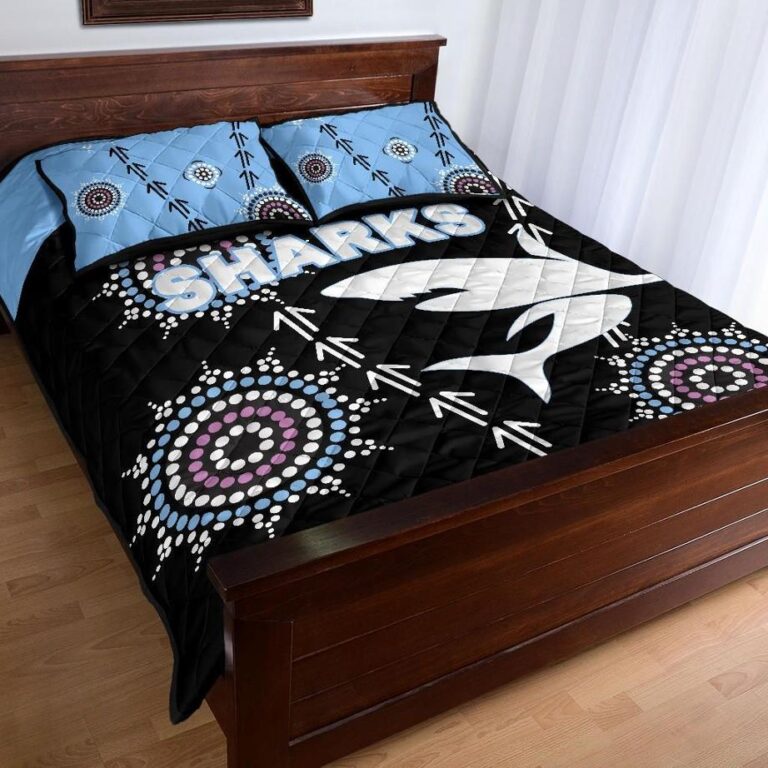 NRL Cronulla Quilt Bed Set ?Sharks Simple Indigenous - Black