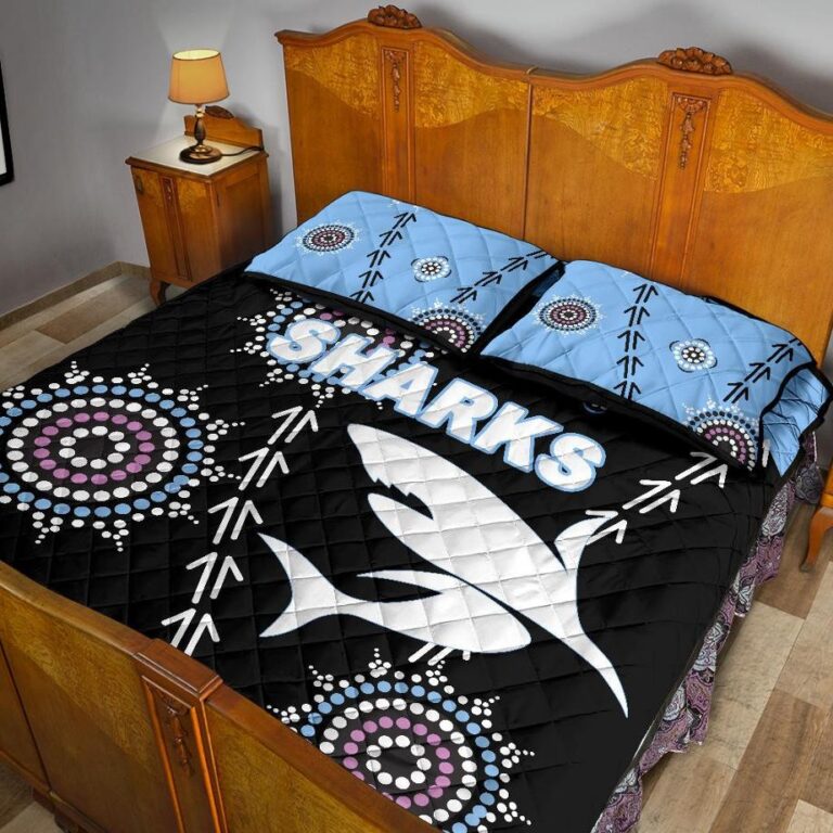 NRL Cronulla Quilt Bed Set ?Sharks Simple Indigenous - Black