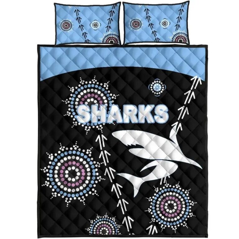NRL Cronulla Quilt Bed Set ?Sharks Simple Indigenous - Black