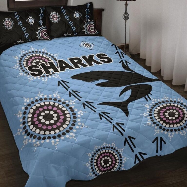 NRL Cronulla Quilt Bed Set ?Sharks Simple Indigenous - Blue