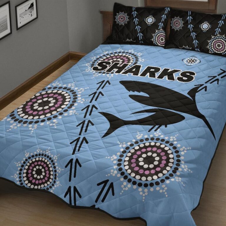 NRL Cronulla Quilt Bed Set ?Sharks Simple Indigenous - Blue