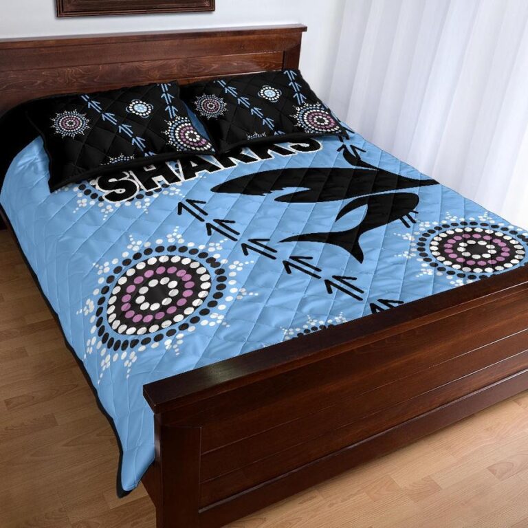 NRL Cronulla Quilt Bed Set ?Sharks Simple Indigenous - Blue