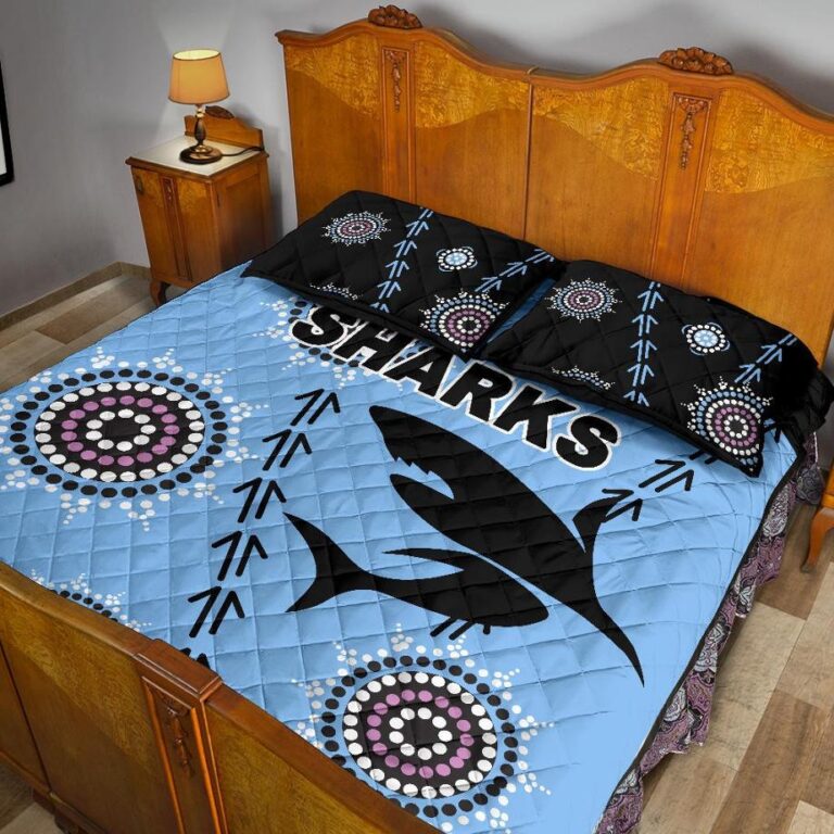 NRL Cronulla Quilt Bed Set ?Sharks Simple Indigenous - Blue