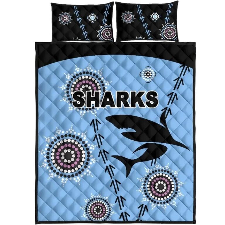 NRL Cronulla Quilt Bed Set ?Sharks Simple Indigenous - Blue