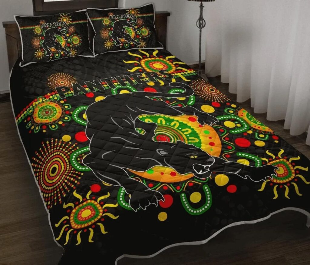 NRL Penrith Quilt Bed Set Indigenous Panthers - Black