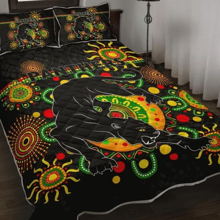 NRL Penrith Quilt Bed Set Indigenous Panthers - Black
