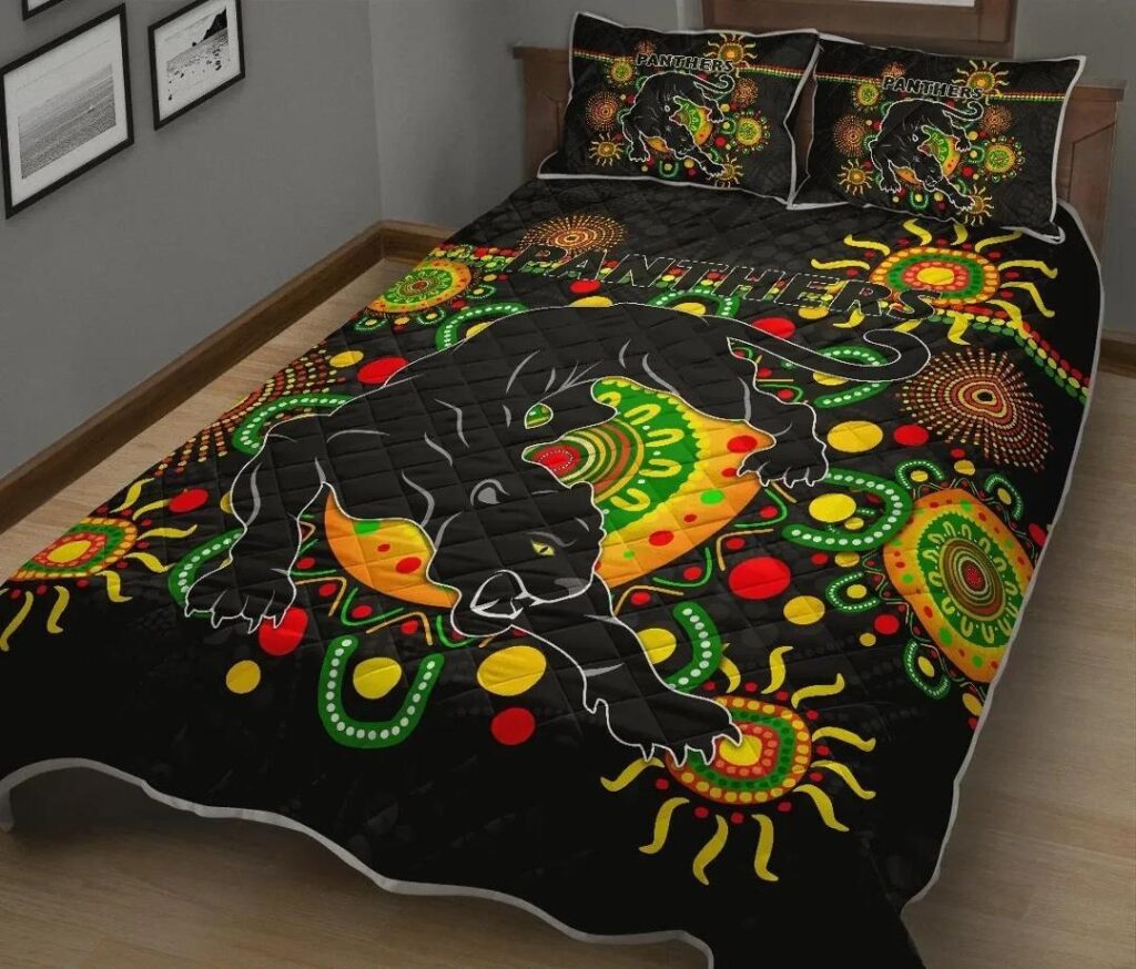 NRL Penrith Quilt Bed Set Indigenous Panthers - Black