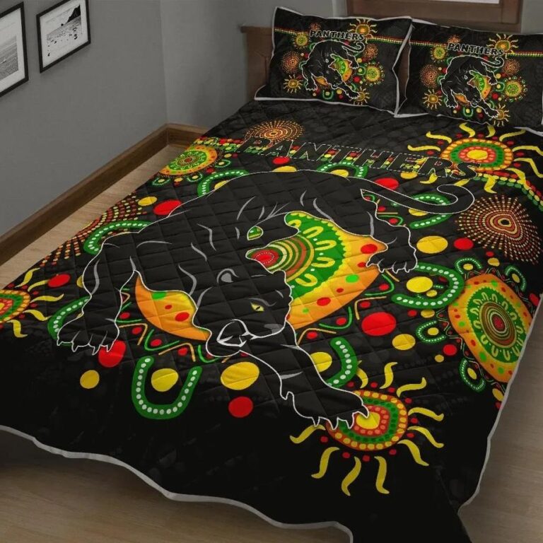 NRL Penrith Quilt Bed Set Indigenous Panthers - Black