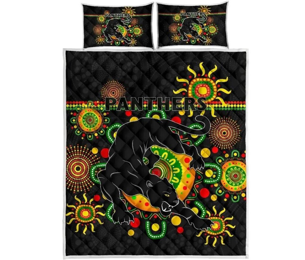NRL Penrith Quilt Bed Set Indigenous Panthers - Black