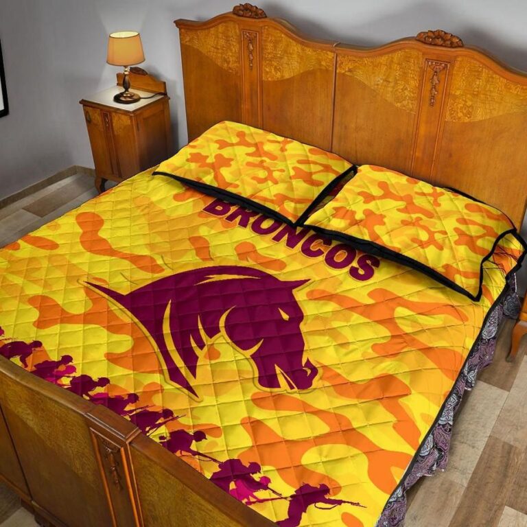 NRL Brisbane Broncos Quilt Bed Set Anzac Day Camouflage Vibes - Gold