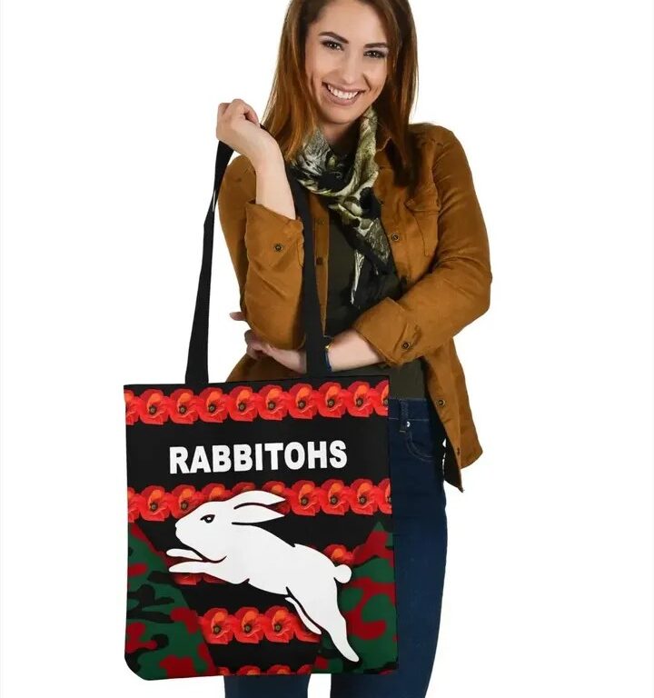 NRL South Sydney Rabbitohs Anzac Day Poppy Flower Tote Bag