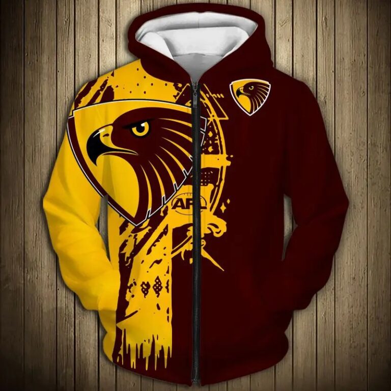 AFL Hawthorn Hawks Brown Gold Split Zip Up Hoodie